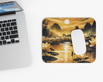 Golden Lotus Sunset | Asian-Inspired Scenic Mouse Pad 9"x8" | Thin & Non-Slip Design | Tranquil Office Decor