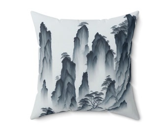 18" Chinese Ink Wash Mountains Pillow | Serene Landscape Art Cushion | Elegant Polyester Throw | Hidden Zipper