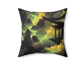 16" Mystical Temple and Cloudscape Pillow | Surreal Asian Fantasy Art | Soft Polyester Accent Cushion | Concealed Zipper