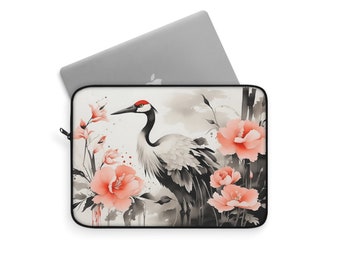 Eleganter Kranich & Blüten | 12" asiatisch inspirierte Blumen-Laptophülle | Schützende und stilvolle Hülle | Polyester-Reißverschlusshülle