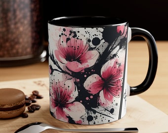 Cherry Blossom Bliss Ceramic Mug | Sakura Ink Wash Elegance | 11 oz Aesthetic Coffee Mug