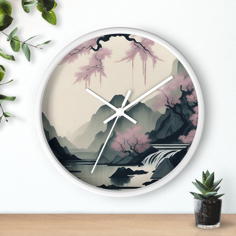 Muted Ink Painting Mountain Wall Clock Sakura Waterfall Design Wooden Frame Multiple Color Options image 8