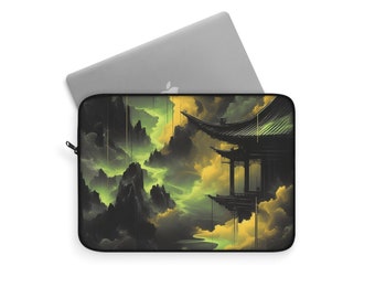 Mystic Pagoda Retreat | 12" Asian-Inspired Ink Art Laptop Sleeve | Stylish & Protective Design | Polyester Zip-up Laptop Case