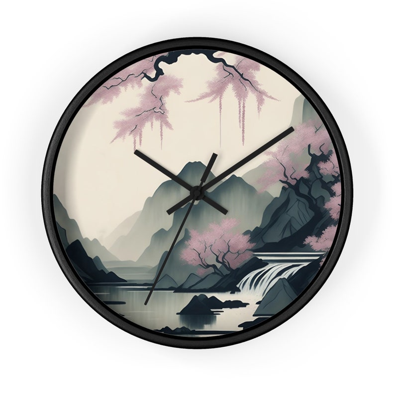 Muted Ink Painting Mountain Wall Clock Sakura Waterfall Design Wooden Frame Multiple Color Options image 2