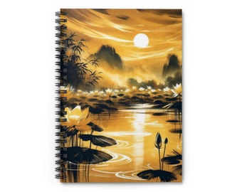 Golden Lotus Pond at Sunset | 8"x6" Spiral Notebook | Mesmerizing Asian-Inspired Art | Durable Cover & Ruled Pages