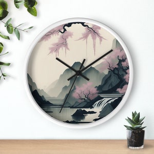 Muted Ink Painting Mountain Wall Clock Sakura Waterfall Design Wooden Frame Multiple Color Options image 7