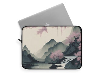 Sakura Waterfall Vista | 12" Ink Wash Landscape Laptop Sleeve | Artistic & Secure Cover | Polyester Zip-up Laptop Case