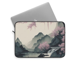 Sakura Mountain Lake | 13" Asian Landscape Laptop Sleeve | Protective & Artistic Cover | Polyester Zip-up Laptop Case