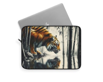 Tiger's Tranquil Domain | Bamboo Forest Laptop Sleeve | Elegant Device Protection | 12" Polyester Zip-up Case