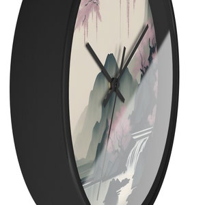 Muted Ink Painting Mountain Wall Clock Sakura Waterfall Design Wooden Frame Multiple Color Options image 3