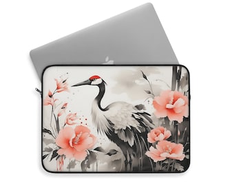 Elegant Crane Oasis | 15" Asian-Inspired Floral Laptop Sleeve | Premium Protection & Style | Polyester Zip-up Laptop Case