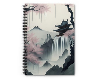 Sakura Temple Waterfall Ink Painting Notebook / Diario a spirale d'arte giapponese