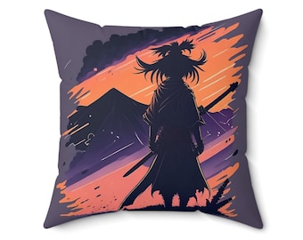 20" Samurai Silhouette Sunset Pillow | Bold Japanese Warrior Art | Premium Polyester Cushion | Solid Backing & Hidden Zipper