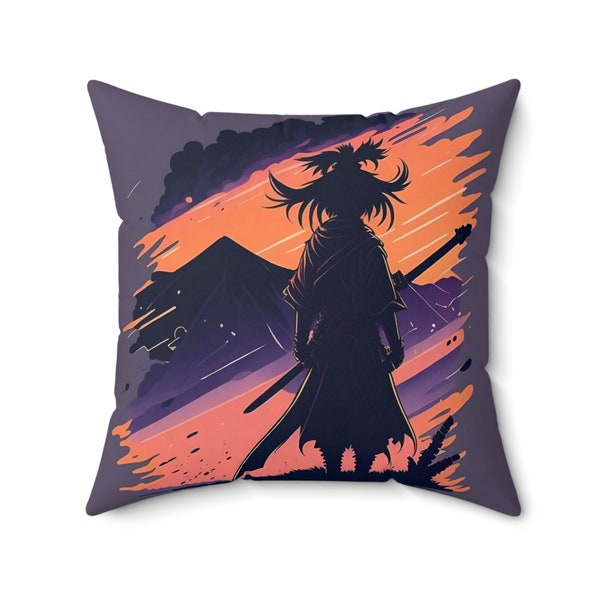 20" Samurai Silhouette Sunset Pillow | Bold Japanese Warrior Art | Premium Polyester Cushion | Solid Backing & Hidden Zipper