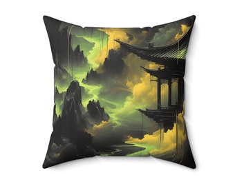 18" Mystical Temple in Emerald Clouds Pillow | Large Fantasy Asian-Inspired Cushion | Soft Polyester | Hidden Zipper