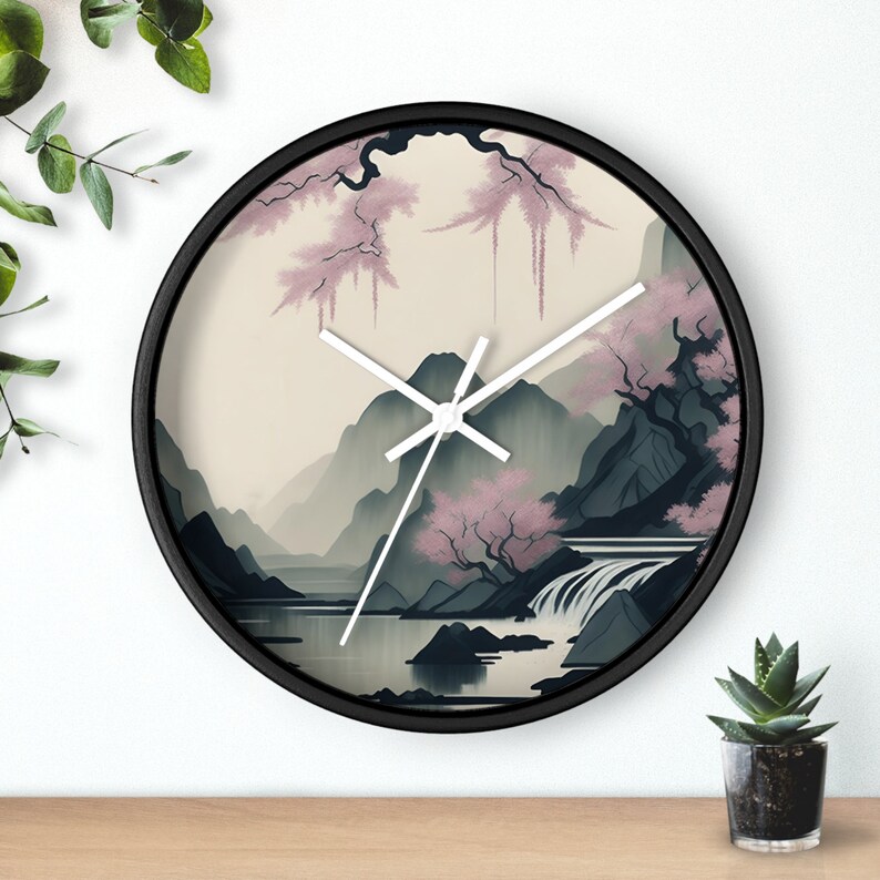 Muted Ink Painting Mountain Wall Clock Sakura Waterfall Design Wooden Frame Multiple Color Options image 4