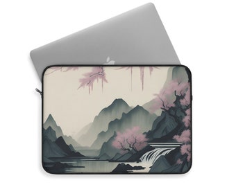 Sakura Mountain Retreat | 15" Asian-Inspired Ink Art Laptop Sleeve | Secure & Stylish Cover | Polyester Zip-up Laptop Case