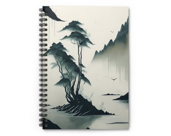 Japanese Lake Island Ink Painting Notebook | 8x6 Ruled Journal | Mountain Range Cover