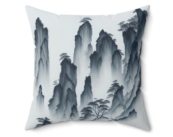 20" Chinese Ink Wash Mountains Throw Pillow | Serene Landscape Design | Luxurious Polyester Home Decor | Concealed Zipper