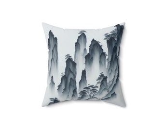 14" Traditional Chinese Landscape Pillow | Misty Mountain Ink Art | Elegant Polyester Cushion | Hidden Zipper Design