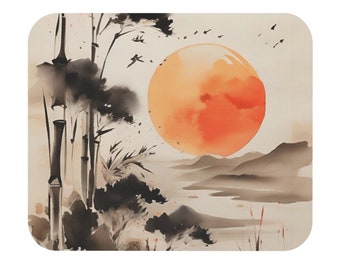 Asian Landscape and Bamboo Ink Painting Mouse Pad | Serene Nature | Desk Decor | 9x8 Inches