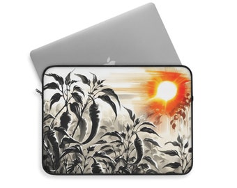 Zonsopgang Sereniteit | Aziatisch geïnspireerde Sumi-e laptophoes | Elegante apparaatbescherming | 15-inch polyester laptoptas met ritssluiting