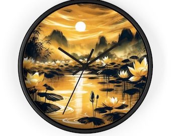 Golden Lotus Pond Wall Clock | Silent Movement | 10" Art Decor | Black or White Frame & Hands Options