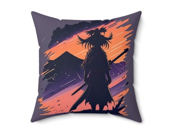 18" Samurai Silhouette Sunset Pillow | Vivid Japanese Warrior Art | Soft Polyester Cushion | Solid Backing & Hidden Zipper