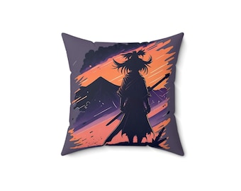 14" Samurai Silhouette Sunset Pillow | Epic Japanese Warrior Art | Soft Polyester Cushion | Solid Backing & Hidden Zipper