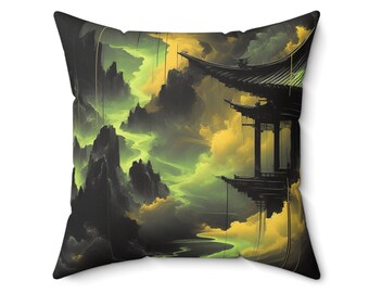 20" Mystical Temple and Stormy Clouds Pillow | Epic Asian Fantasy Art | Luxurious Polyester Decor Cushion | Seamless Zipper