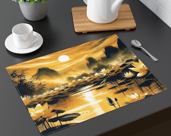 Golden Lotus Sunset Placemat | Asian-Inspired Lake Scene | Elegant Cotton Table Mat | 18"x14" | Elegant Table Decor