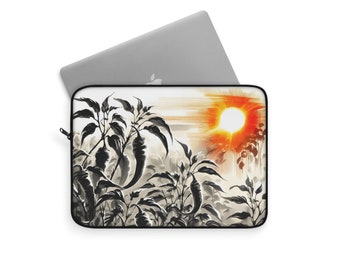 Peperachtige zonsonderganggloed | Sumi-e geïnspireerde laptophoes | Elegante apparaatbescherming | 30 cm polyester etui met ritssluiting