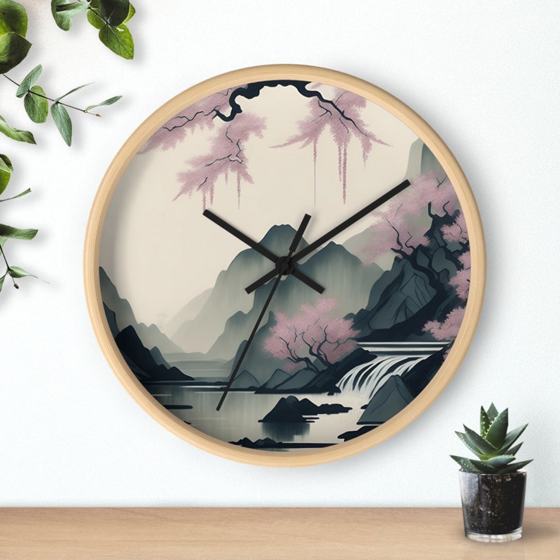 Muted Ink Painting Mountain Wall Clock Sakura Waterfall Design Wooden Frame Multiple Color Options image 9