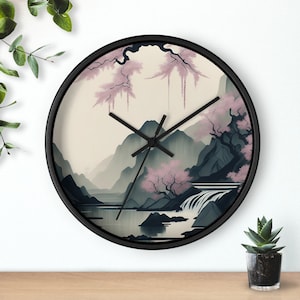 Muted Ink Painting Mountain Wall Clock Sakura Waterfall Design Wooden Frame Multiple Color Options image 1