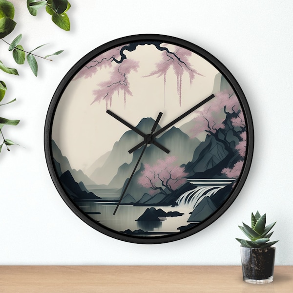 Muted Ink Painting Mountain Wall Clock | Sakura Waterfall Design | Wooden Frame | Multiple Color Options