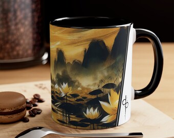 Golden Lotus Sunrise Mug | East Asian-Inspired Ink Art | 11oz Ceramic with Black Accents