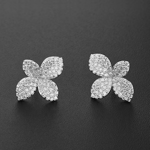 Small Flower Leaf Pavé Stud Earrings with Simulated Diamonds, 18k White Gold Plated, Wedding Jewelry, Gift for Her