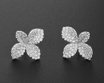 Small Flower Leaf Pavé Stud Earrings with Simulated Diamonds, 18k White Gold Plated, Wedding Jewelry, Gift for Her