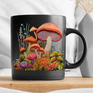 Zwarte Paddestoel Mok, Vintage, Gebreide Paddestoel Cadeau, Grillige Paddestoelen