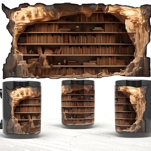 Unique 3D Bookshelf Mug, Bookworm Gifts, Cracked Wall Bookshelf Mug, 3D Effect Bookshelf Mug, Bibliophile Gift