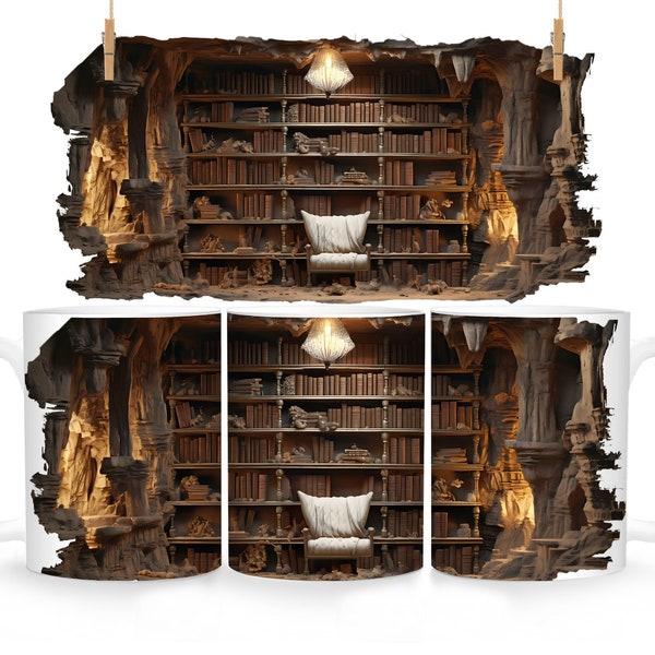 Taza de estantería 3D / Regalo único para amantes de los libros / Tema de ciencia ficción / Diseño intrigante de agujero en la pared / Taza de bibliófilo seductora