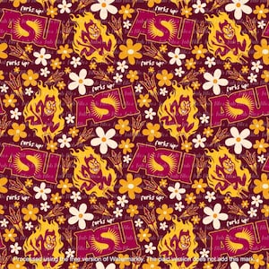 May include: A repeating pattern featuring the letters "ASU" in maroon, with a yellow devil mascot and "forks up" text. The design includes yellow and white flowers on a maroon background. The overall theme is collegiate.