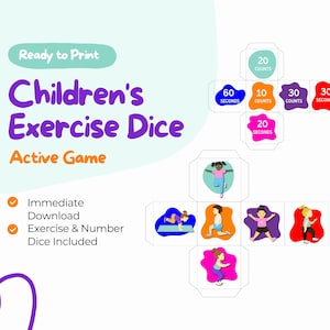 Op de afbeelding: Printbare oefen dobbelstenen voor kinderen met kleurrijke illustraties van verschillende oefeningen en tijd- of telopties. De dobbelstenen bevatten opties voor 20 tellen, 10 tellen, 30 tellen, 30 seconden, 60 seconden en 20 seconden.
