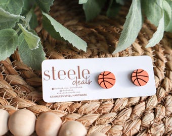 Hand-Painted Wood Basketball Stud Earrings | Sports Jewelry