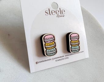 Handmade Wood Macaron Stud Earrings, Painted Artisan Jewelry