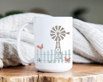 Boerderijmok, boerderijbeker, boerderijmok, boerderijbeker, kippen, windmolen, boerderij, koffiekop, mok hete cacao, theemok, theekop, leuk cadeau