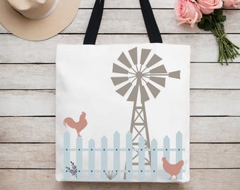 Draagtas, boerderijtas, boerderij, kippen, kip, haan, windmolen, houten hek, draagtas accessoires, leuke tas, cadeau voor boer, cadeau voor vriend