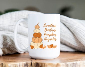 Stapelpompoenmok, truien, vreugdevuren, pompoenen, hooiruien, koffiemok, koffiekop, mok hete kokos, kop warme kokos, theemok, theekop, herfstmok