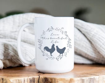 Beautiful Life-mok, mok kippen, boerderijmok, koffiekop, mok hete kokos, theekop, theemok, boerderijmok, boerderijcadeau, boerderijcadeau, kransmok