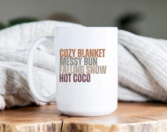 Mok hete kokos, koffiemok, theemok, wintervibes, vallende sneeuw, rommelig broodje, mok van 15 oz, gezellige sfeer, schattige kop, cadeau voor vriend, neutraal esthetiek